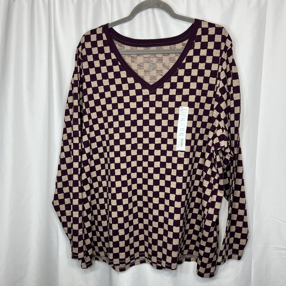 SONOMA Women’s Everyday Tee Checkerboard Print V-Neck Long Sleeve 2X Cotton